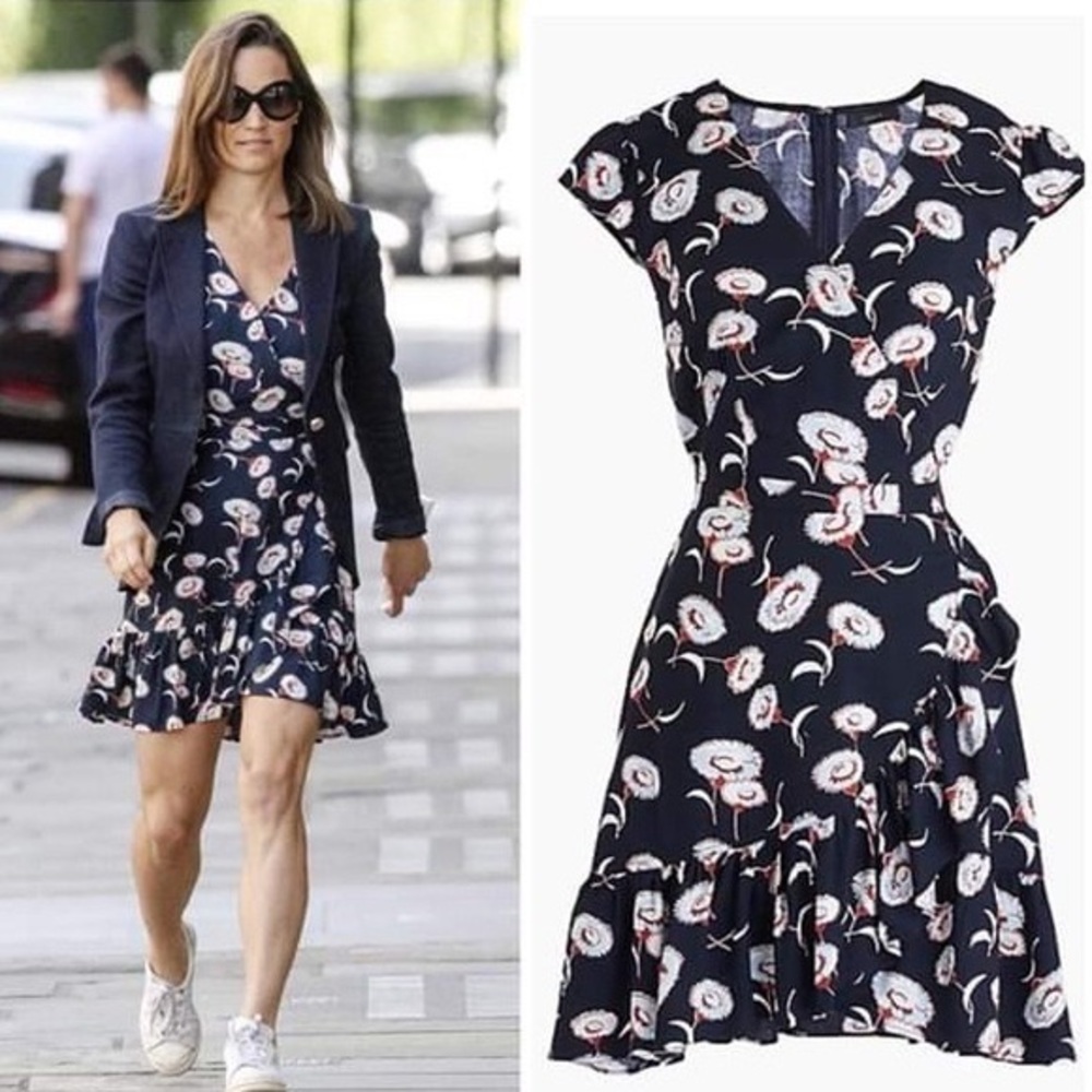 J Crew Navy, red and white floral faux wrap dress